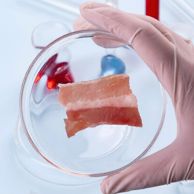 Amostra de alimento numa placa de Petri de vidro em ambiente laboratorial, representando os testes de qualidade e análises microbiológicas realizados pela Dourosafe.