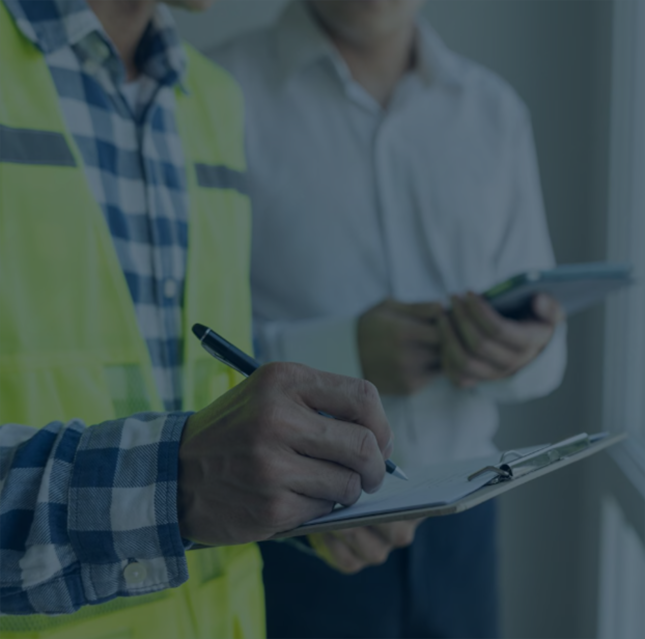 Técnico da Dourosafe com colete refletor a realizar uma auditoria de segurança e a preencher um relatório técnico, simbolizando a consultoria especializada em HACCP e HST.