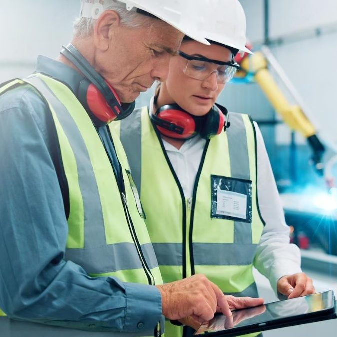 Dois consultores da Dourosafe em uniforme de segurança (capacete e colete) a analisar dados num tablet, com um processo de soldadura industrial desfocado ao fundo, simbolizando a auditoria e formação em HST.